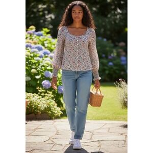 LOFT Floral Print Button Front Long Sleeve Blouse Women Size S